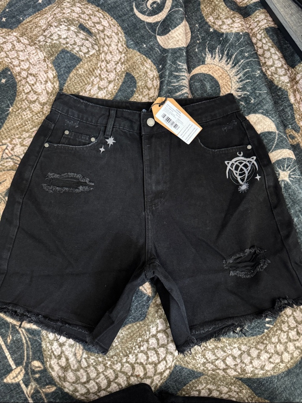 Disturbia Black Denim Shorts with Celestial Tag